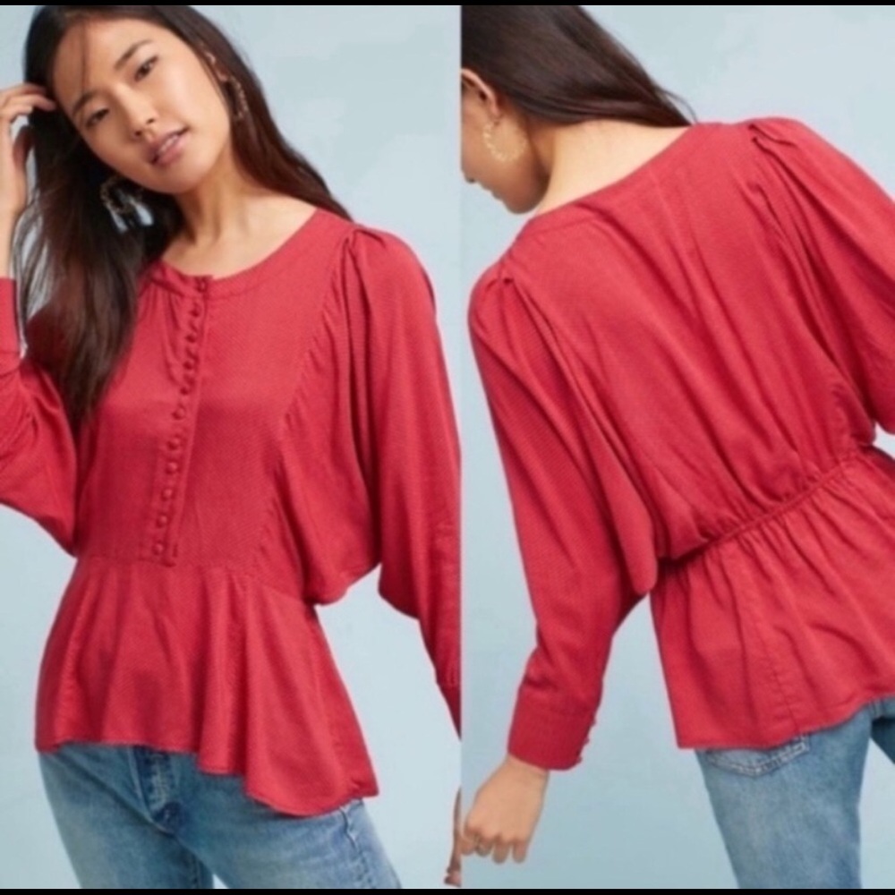 Maeve Red Polka-Dot Peplum Blouse Size XS